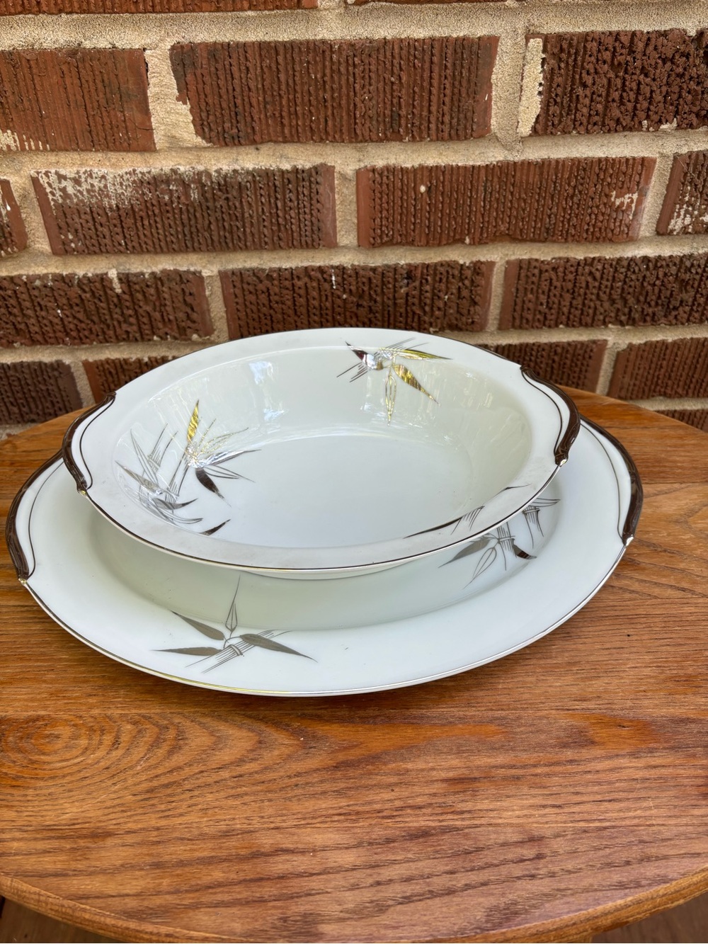 Kutani Serving Bowl and Platter Hand Painted White Porcelain platinum Rimmed